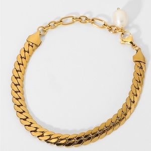 Thick Curb Stainless Steel Chain Bracelet with Pearl
